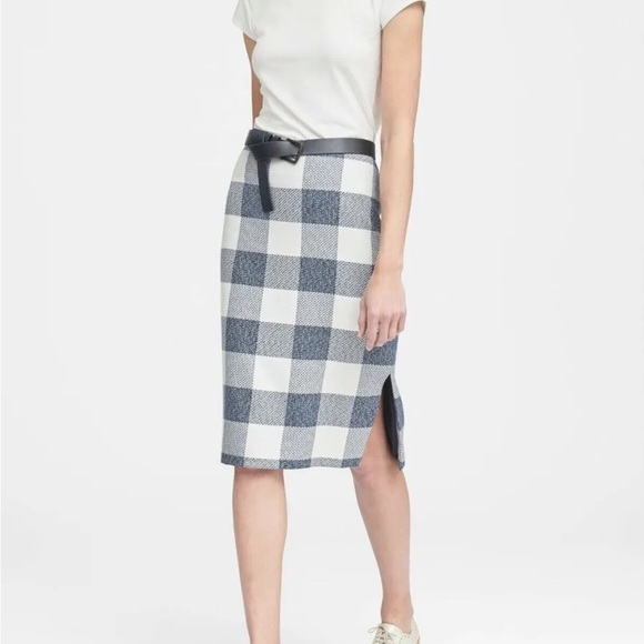 Banana Republic Womens Knee Length Blue White Window Pant Plaid Straight Skirt 2 - Picture 1 of 6